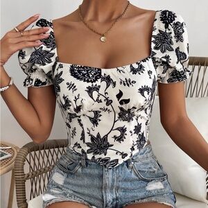 Floral Puff Sleeve Corset Crop Top - Black and White